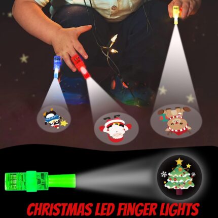 A collection of 40 assorted Christmas-themed finger lights in various colors, glowing in the dark with festive designs.