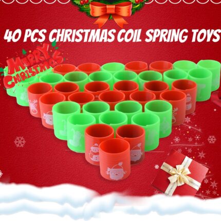 A pile of 40 colorful mini coil springs, each decorated with different Christmas patterns like Santa, trees, and snowmen.