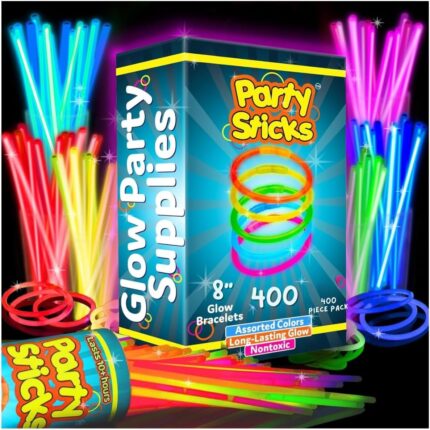 A large pile of PartySticks multi-colored glow sticks and connectors, glowing brightly against a dark background.