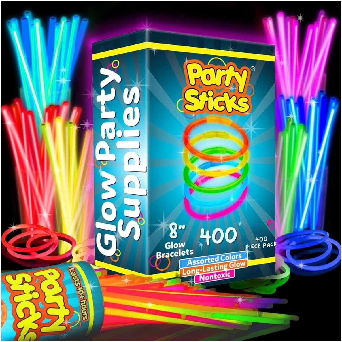 partysticks-ultra-bright-glow-sticks-bulk-party-supplies-400-pack-for-ages-3-01 A large pile of PartySticks multi-colored glow sticks and connectors, glowing brightly against a dark background.