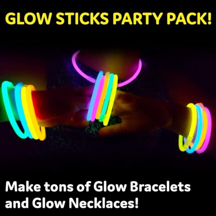 A large pile of PartySticks multi-colored glow sticks and connectors, glowing brightly against a dark background.