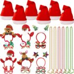 A collection of 24 red Christmas-themed party accessories including hats, headbands, and novelty glasses with cartoon pattern