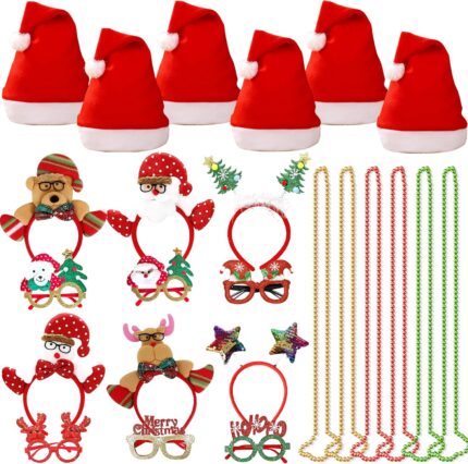 A collection of 24 red Christmas-themed party accessories including hats, headbands, and novelty glasses with cartoon pattern