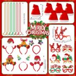A collection of 24 red Christmas-themed party accessories including hats, headbands, and novelty glasses with cartoon pattern