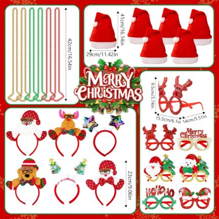 A collection of 24 red Christmas-themed party accessories including hats, headbands, and novelty glasses with cartoon pattern