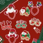 A collection of 24 red Christmas-themed party accessories including hats, headbands, and novelty glasses with cartoon pattern