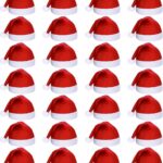 A large pile of 28 red and white plush Santa hats for adults, ready for a Christmas party.