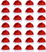 A large pile of 28 red and white plush Santa hats for adults, ready for a Christmas party.