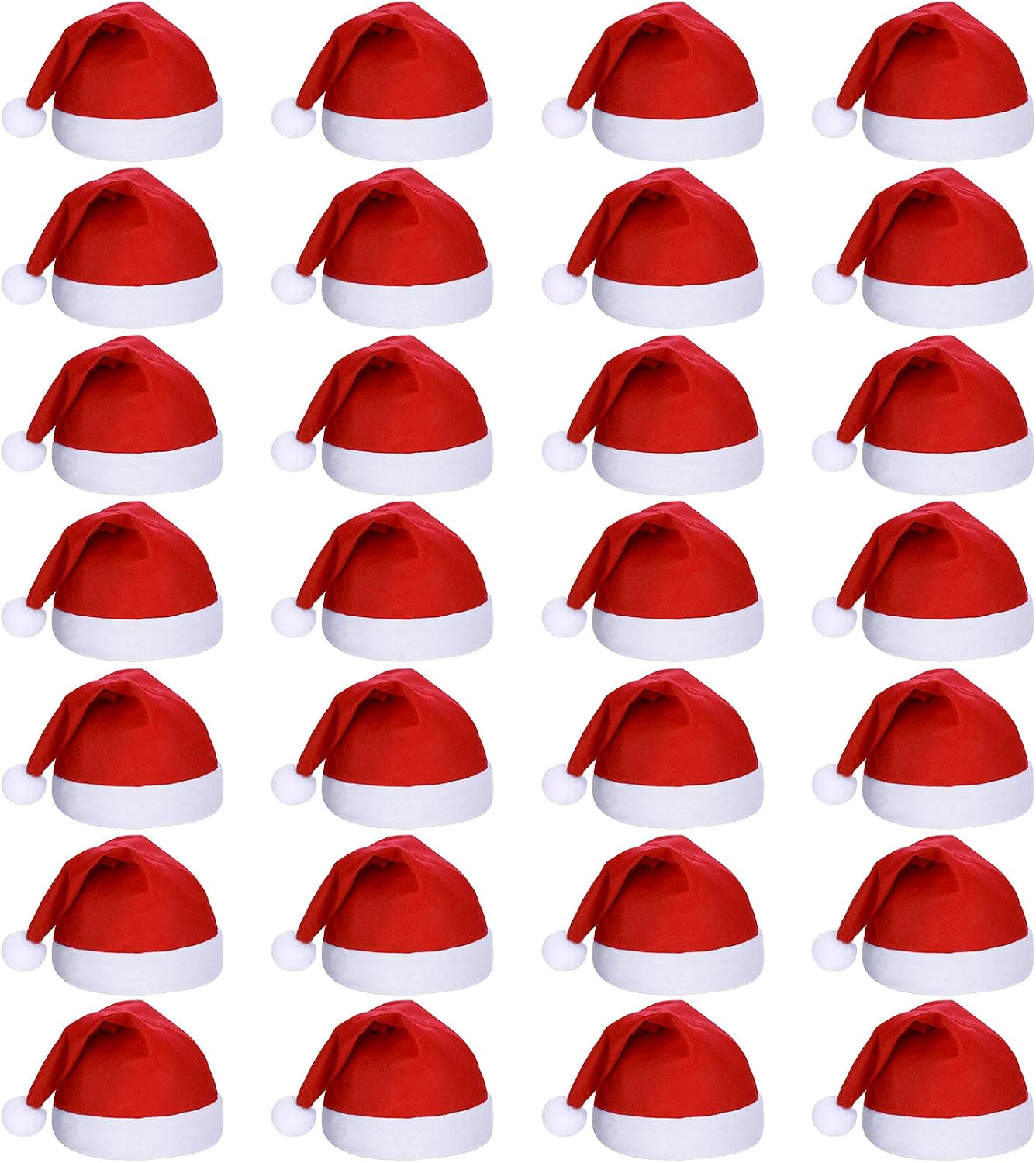 satinior-28-pack-adult-red-multicolor-plush-santa-hats-for-holiday-parties-01 A large pile of 28 red and white plush Santa hats for adults, ready for a Christmas party.