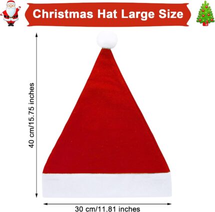 A large pile of 28 red and white plush Santa hats for adults, ready for a Christmas party.