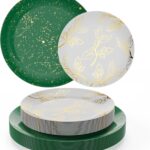 A stack of green disposable dinner plates with a subtle floral pattern, beside a stack of matching smaller dessert plates.