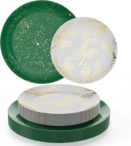 A stack of green disposable dinner plates with a subtle floral pattern, beside a stack of matching smaller dessert plates.