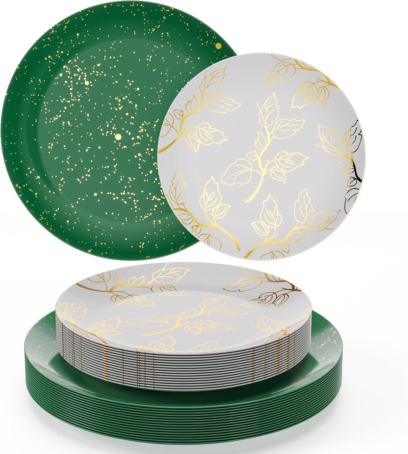 trendables-christmas-green-dinner-dessert-plates-40-piece-disposable-set-01 A stack of green disposable dinner plates with a subtle floral pattern, beside a stack of matching smaller dessert plates.