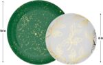 A stack of green disposable dinner plates with a subtle floral pattern, beside a stack of matching smaller dessert plates.
