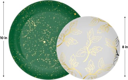 A stack of green disposable dinner plates with a subtle floral pattern, beside a stack of matching smaller dessert plates.