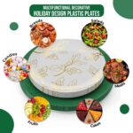 A stack of green disposable dinner plates with a subtle floral pattern, beside a stack of matching smaller dessert plates.