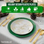A stack of green disposable dinner plates with a subtle floral pattern, beside a stack of matching smaller dessert plates.