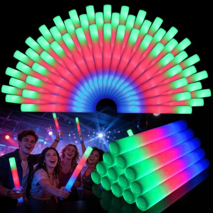 A bundle of 72 wellent LED foam light sticks displaying blue, green, and red flashes against a dark background.