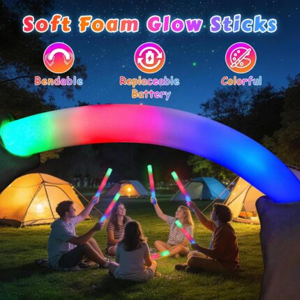 A bundle of 72 wellent LED foam light sticks displaying blue, green, and red flashes against a dark background.