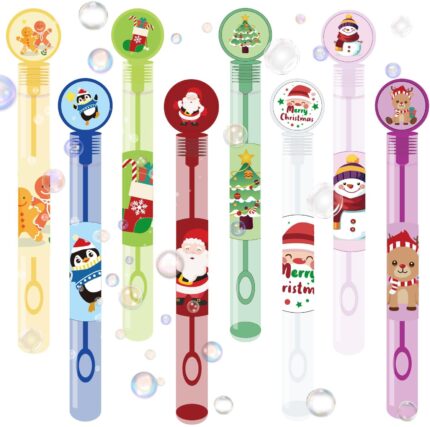 A bulk display of 40 mini bubble wands, each featuring different Christmas-themed designs like Santa, reindeer, and snowmen,