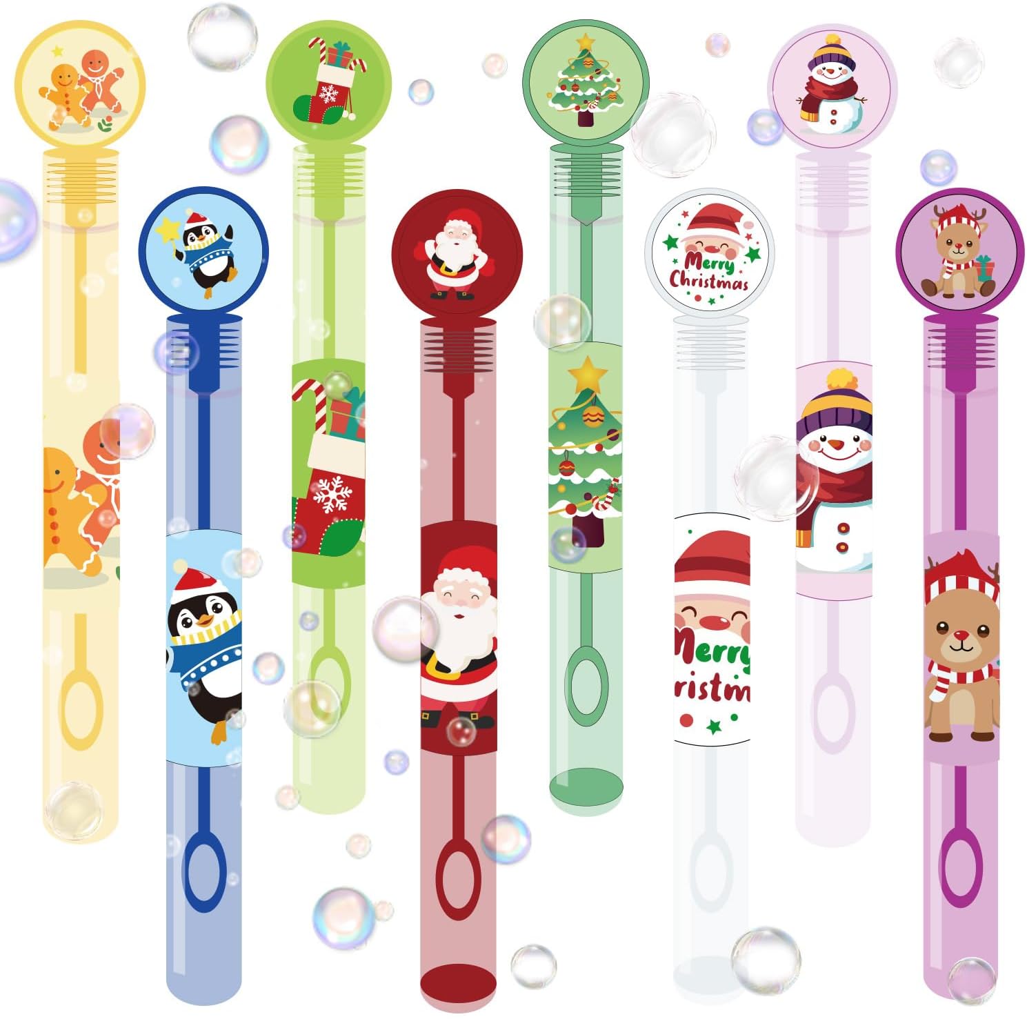 wuyee-40-piece-mini-christmas-bubble-wands-for-kids-assorted-holiday-party-favors-01 A bulk display of 40 mini bubble wands, each featuring different Christmas-themed designs like Santa, reindeer, and snowmen,