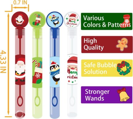 A bulk display of 40 mini bubble wands, each featuring different Christmas-themed designs like Santa, reindeer, and snowmen,