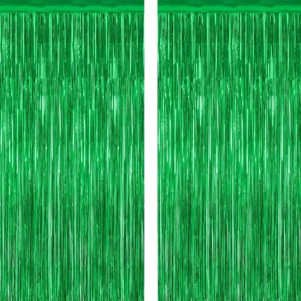 Two shimmering green metallic foil fringe curtains hanging, ready for a party backdrop or festive decoration.