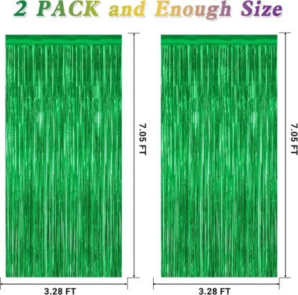 Two shimmering green metallic foil fringe curtains hanging, ready for a party backdrop or festive decoration.